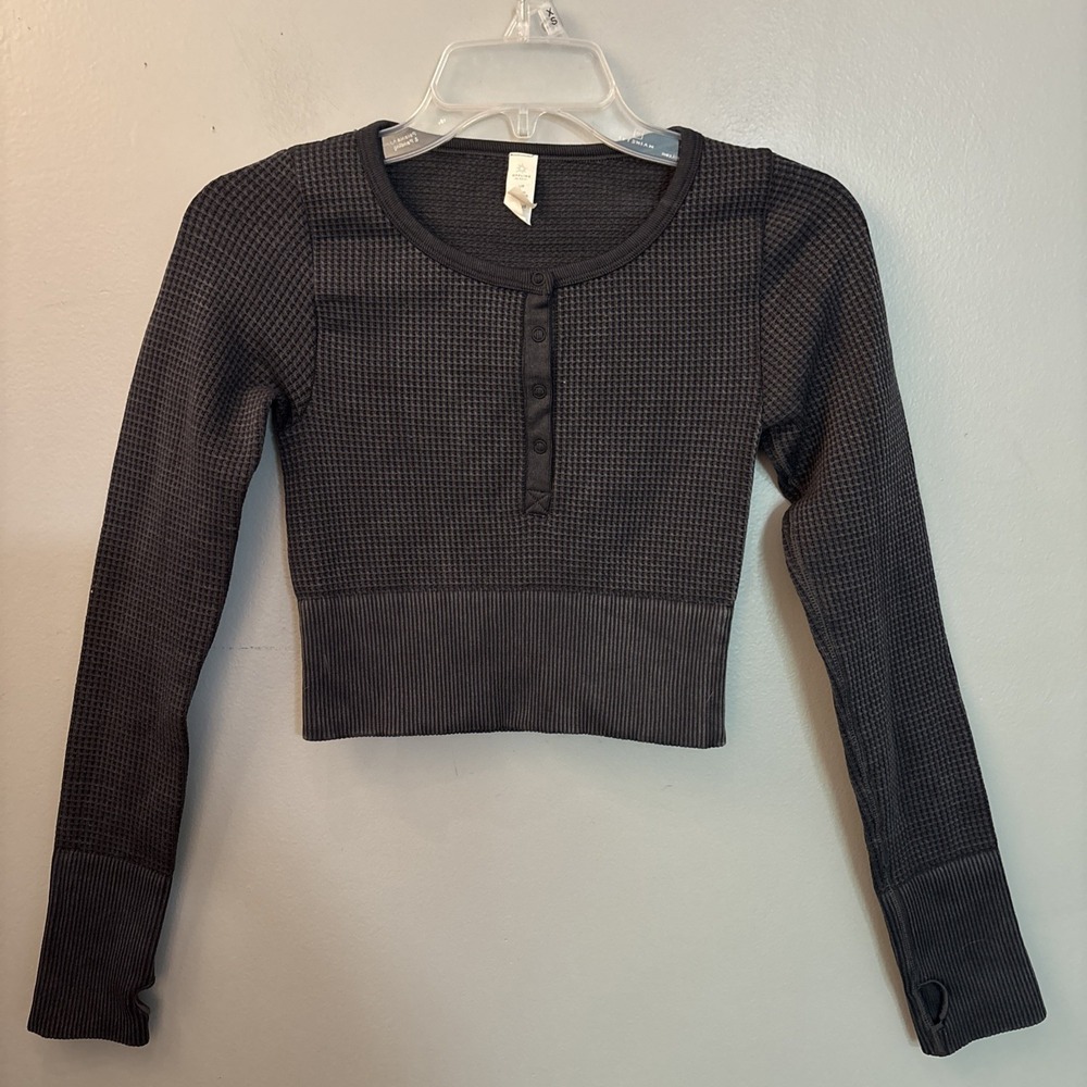 AERIE Offline Top Crop‎ Henley Long Sleeve Waffle Thermal Stretch Charcoal XS